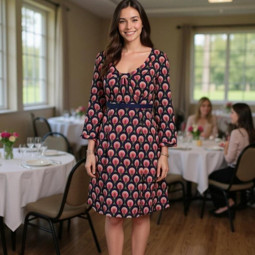 Boden Vibrant Peacock Print Green and Pink Dress With Empire Waist